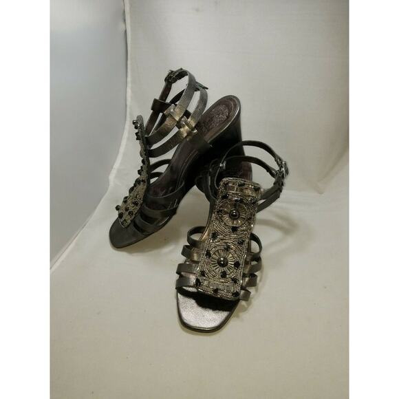 Vince Camuto women's Wedge Sandals PEWTER leather Beaded size 8B Strappy 38EU - Picture 6 of 6